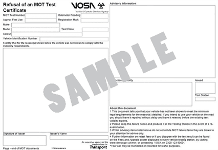 Sample image of MOT Refusal certificate 